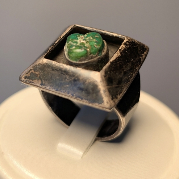 Rare Vintage Sterling Silver Turquoise Shadow Box Ring Size 9 - Picture 4 of 12